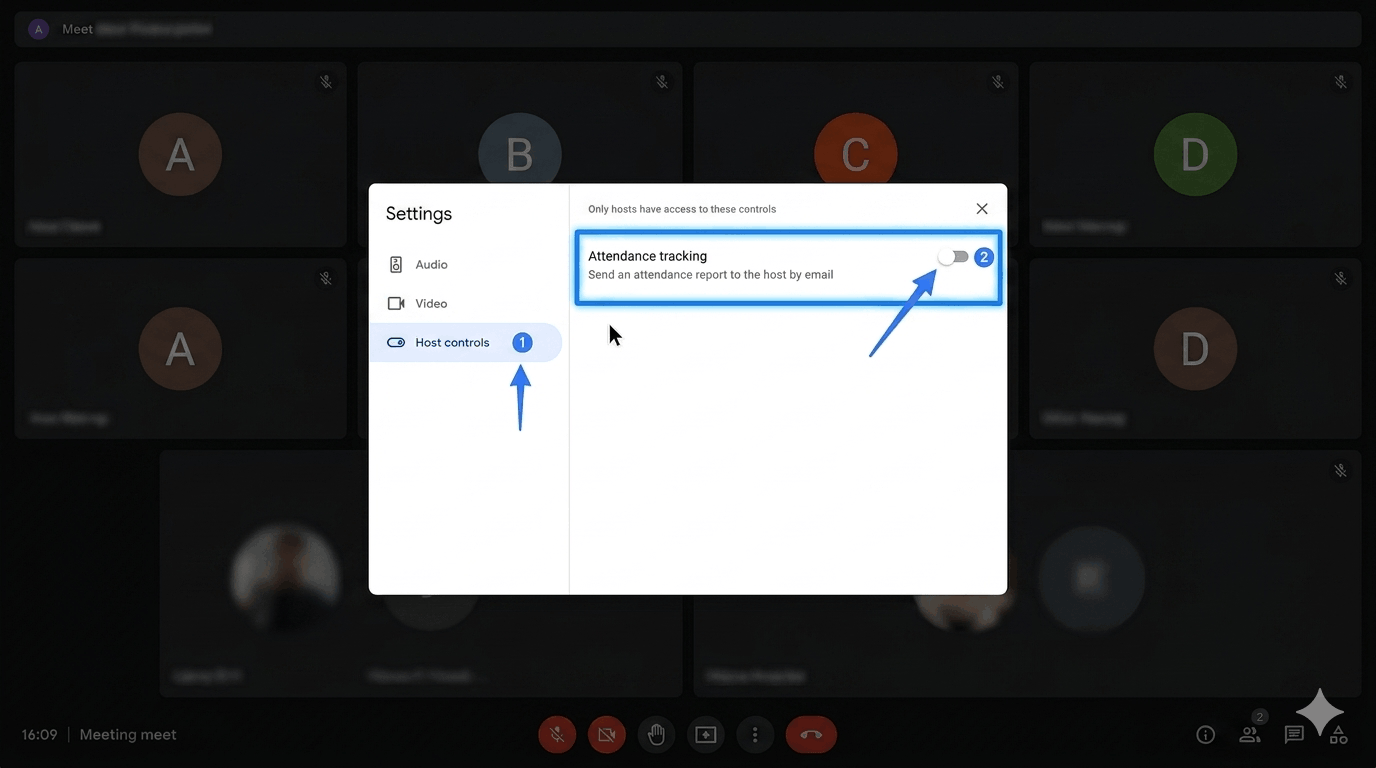 Google Meet Host Controls settings panel with attendance tracking toggle