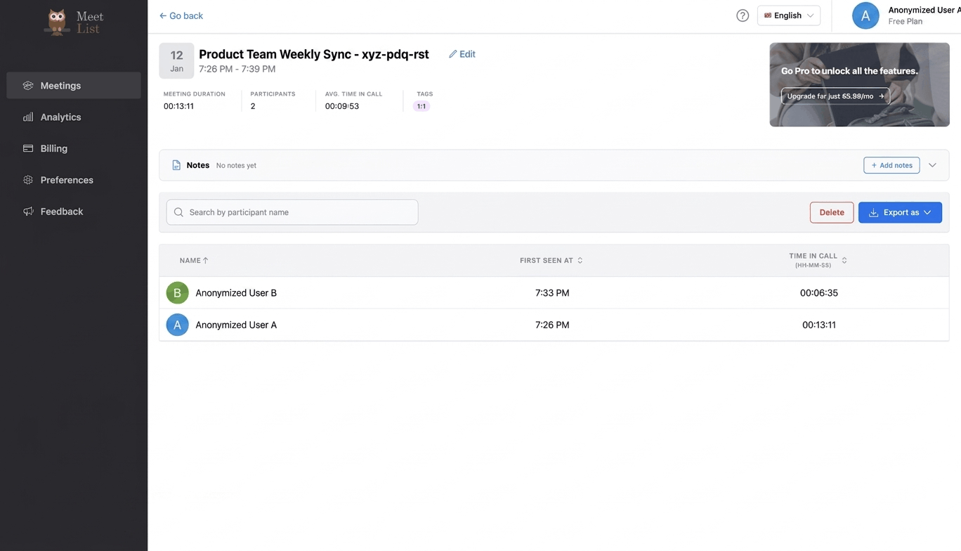 MeetList Chrome extension popup with participant list CSV export