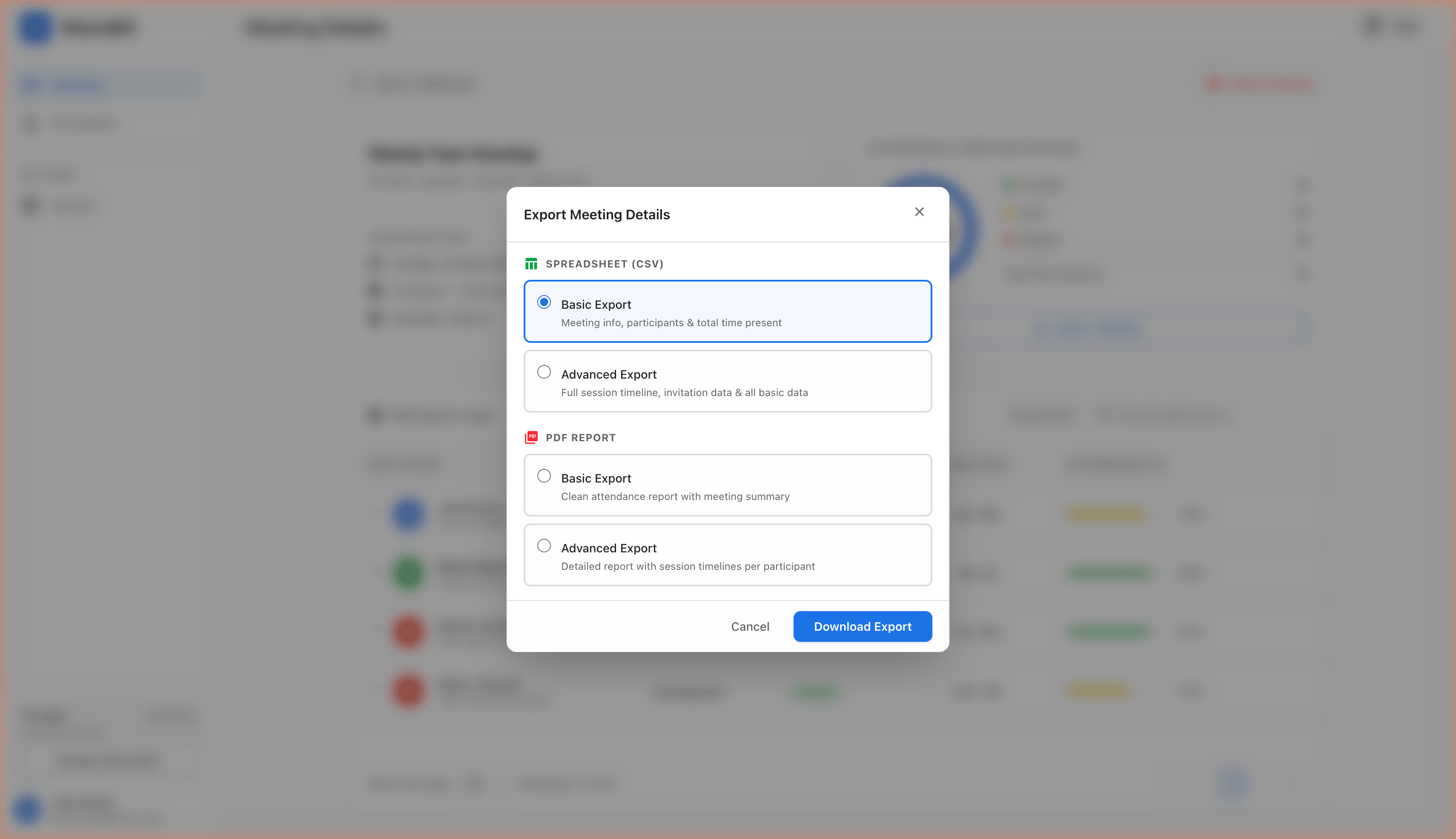 Export meeting dialog showing CSV and PDF options