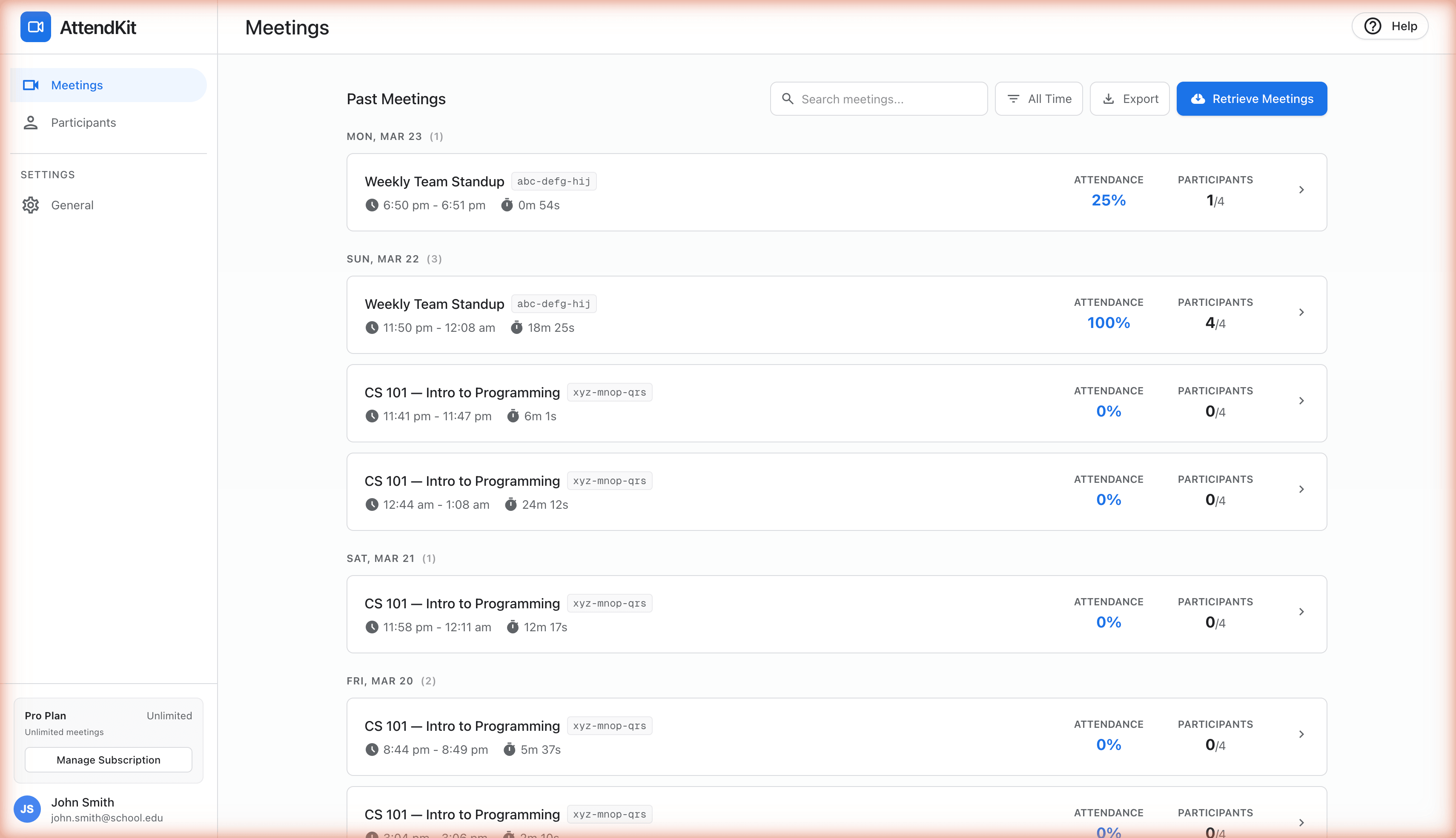 AttendKit dashboard showing tracked meetings with attendance stats